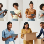 People of various ethnicities using mobile devices and preparing packages.